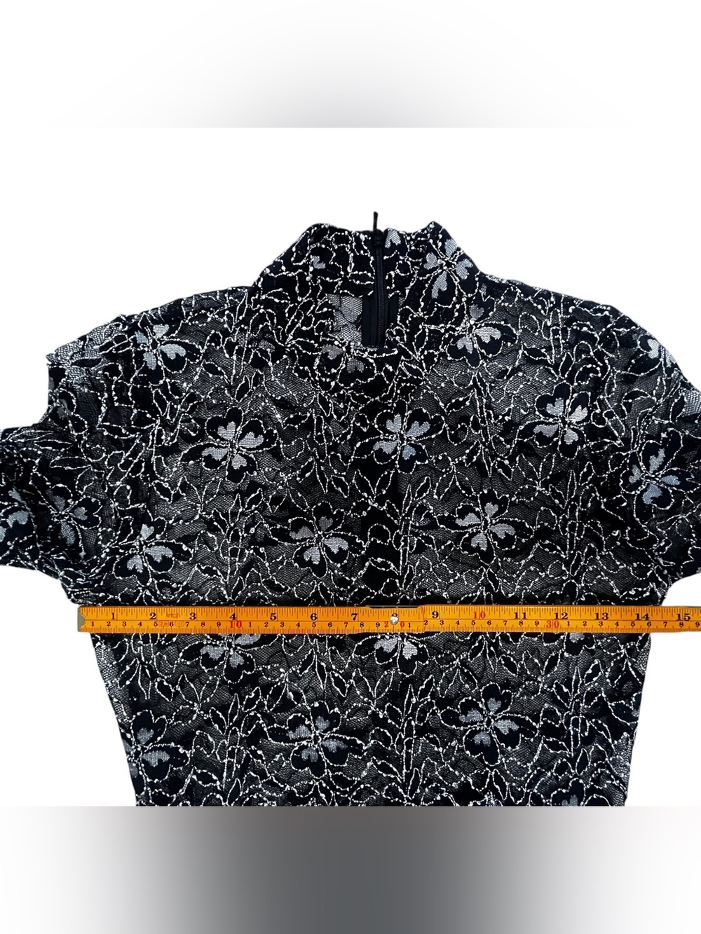 Anne Fontaine Black Silver Metallic Lace Mock Neck Bell Sleeve Top EU 36 US 4 - Picture 5 of 9
